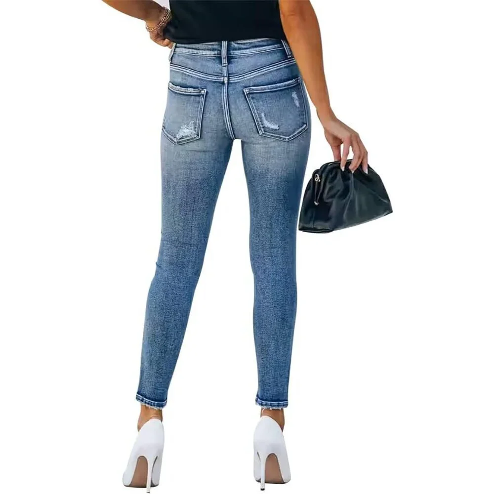 Women's Ripped Skinny Stretch Denim Jeans Frayed Distressed Casual